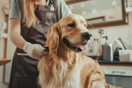 Golden retriever dog at groomer, an Animal Photo by MistyDay