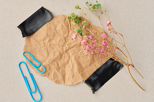 Crumpled brown paper secured with black tape, sprigs of pink and, a Background Photo by ndanko