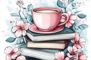 Pink teacup on books surrounded by f, a Food & Drink Photo by Pixeness Studio