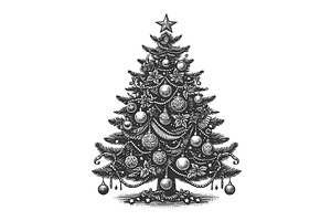 decorated Christmas tree engraving, an Illustration by AlexArt