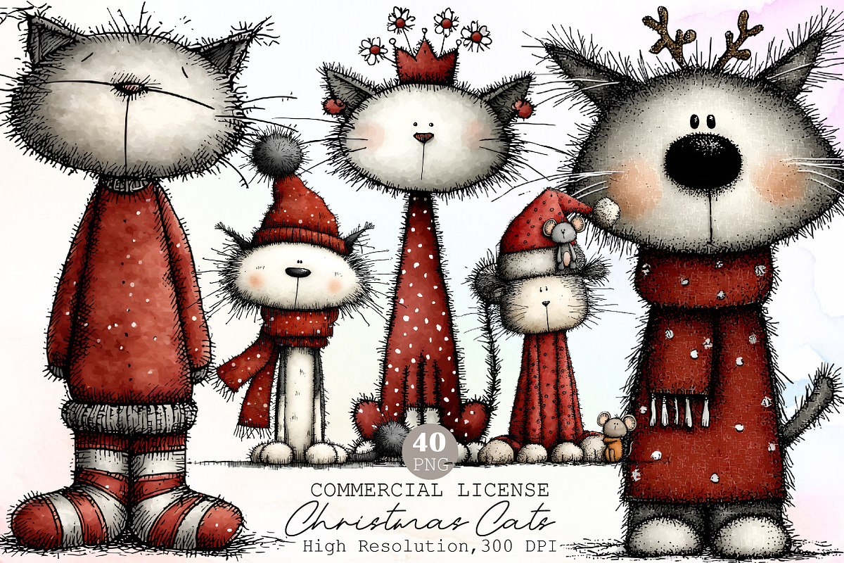 Whimsical Christmas Cats Watercolor, an Illustration by Sublimation Artist (Photo 1 of 6)