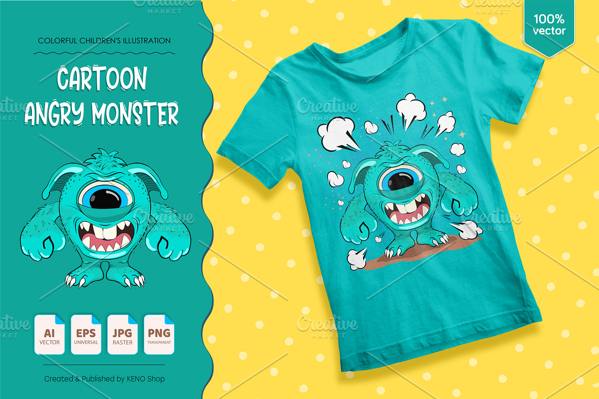 Cartoon One Eyed Monster. Tshirt., an Animal Illustration by KENO Mascots (Photo 3 of 6)
