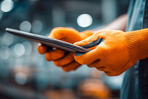 A person wearing orange gloves checks a tablet, focused in a bustling industria, a Business Photo by ImageMir