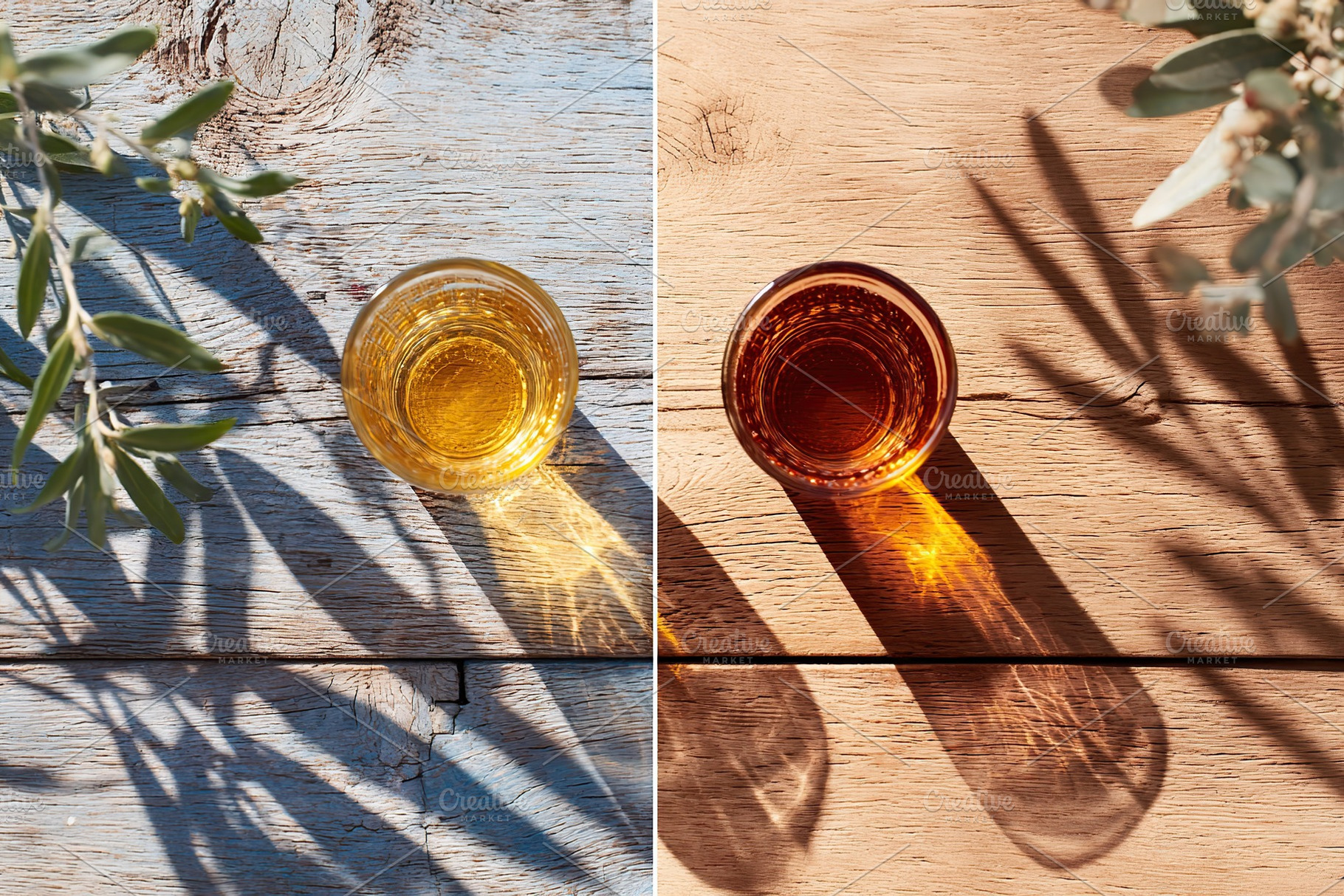 Glass of golden drink casting shadows on rustic wooden surfaces in afternoon li, a Photo by AlyaAnd