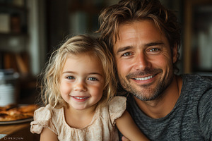 Smiling father and daughter enjoy br, a Photo by Tanuart
