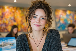 Smiling Young Woman in Creative Office with Colorful Abstract Pa, a Person Photo by José Manuel Gelpi