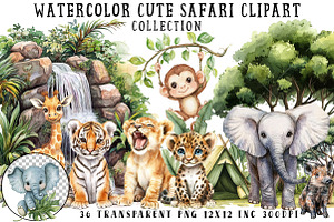 Watercolor Cute Safari Clipart, an Illustration by OK Design