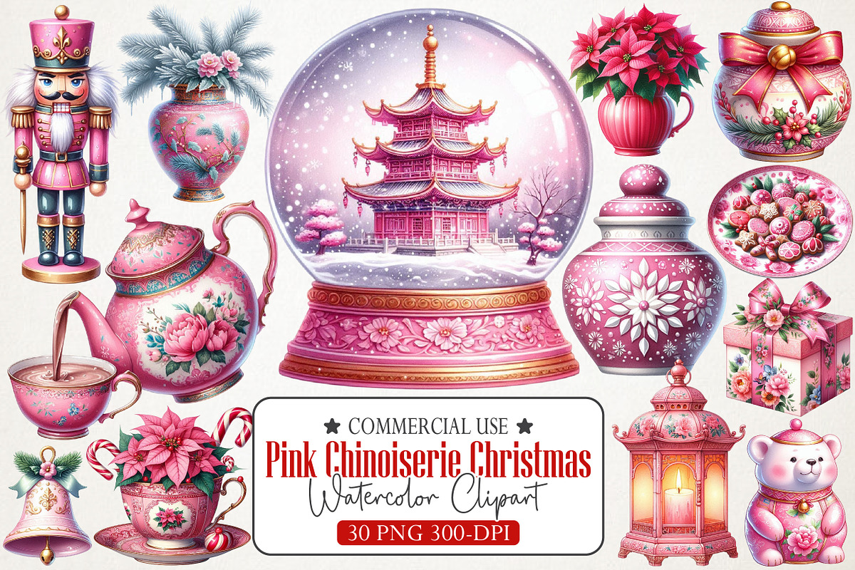 Pink Chinoiseries Christmas Clipart, an Illustration by RobertsArt (Photo 1 of 7)