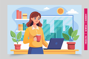 Woman office laptop city view, an Illustration by Tanuart