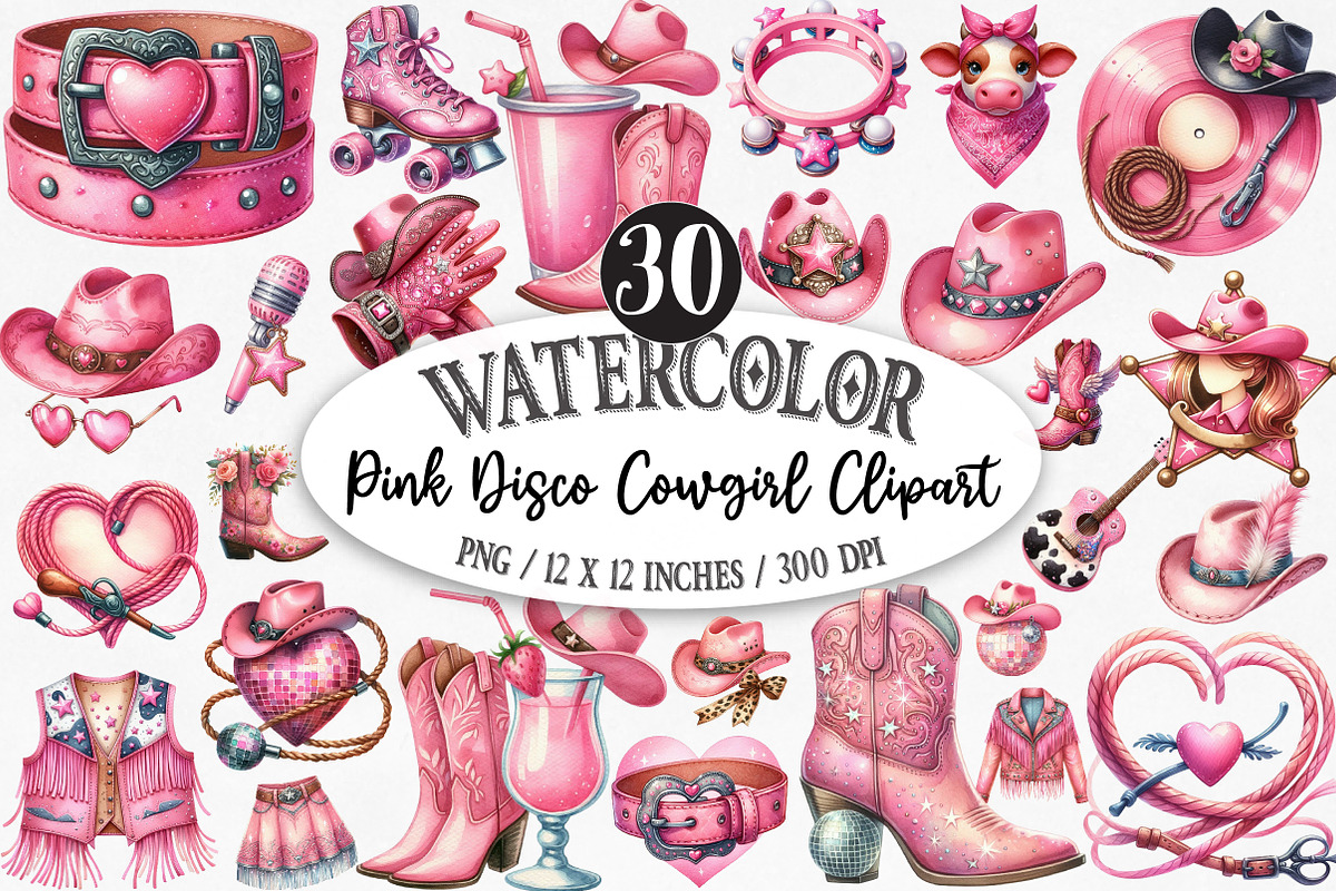 Pink Disco Cowgirl Watercolor PNG, an Illustration by Designking (Photo 1 of 5)