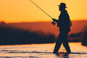 Silhouette of a fisherman fishing in, a Nature Photo by MistyDay