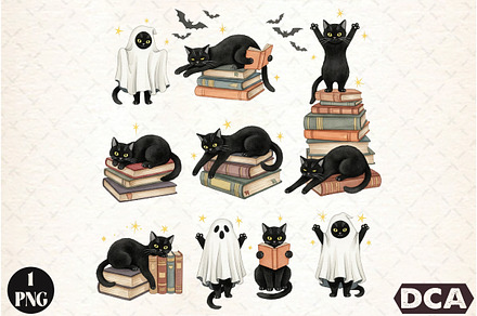 Spooky Cat Book Lover Halloween PNG, an Illustration by DreamCafeArt