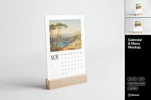 Desk Calendar and Menu Mockup, a Product Mockup by Bitstate Design