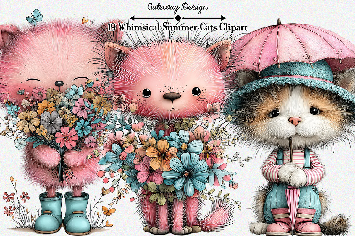 Whimsical Summer Cats Clipart, an Illustration by GatewayDesign (Photo 1 of 6)