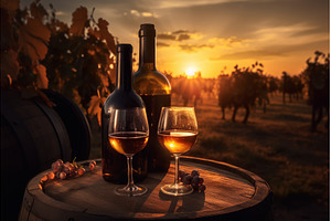Vineyard wine bottle in sunset, a Food & Drink Photo by Ylivdesign