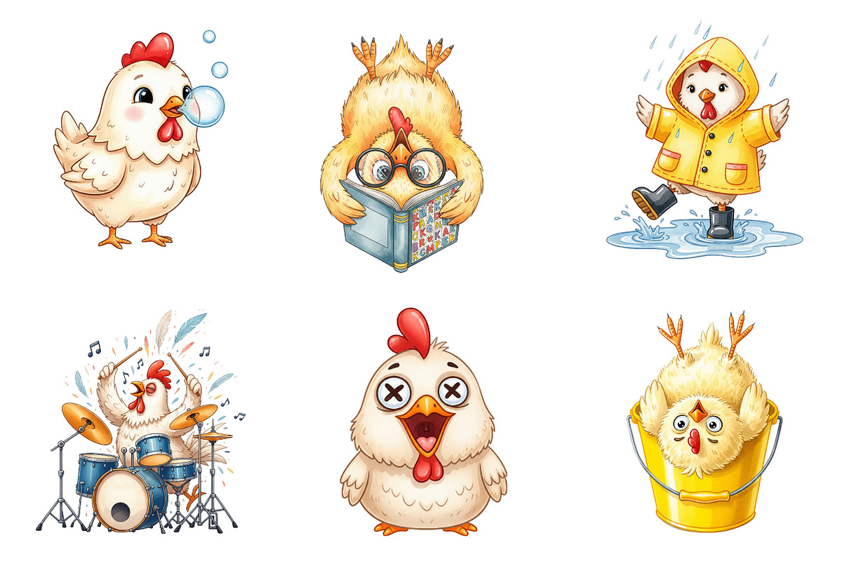 Funny Chicken Clipart, an Illustration by Watercolor design (Photo 2 of 4)