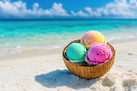 Colorful ice cream served in a shell on a sunny beach with blue ocean backgroun, a Food & Drink Photo by AlyaAnd