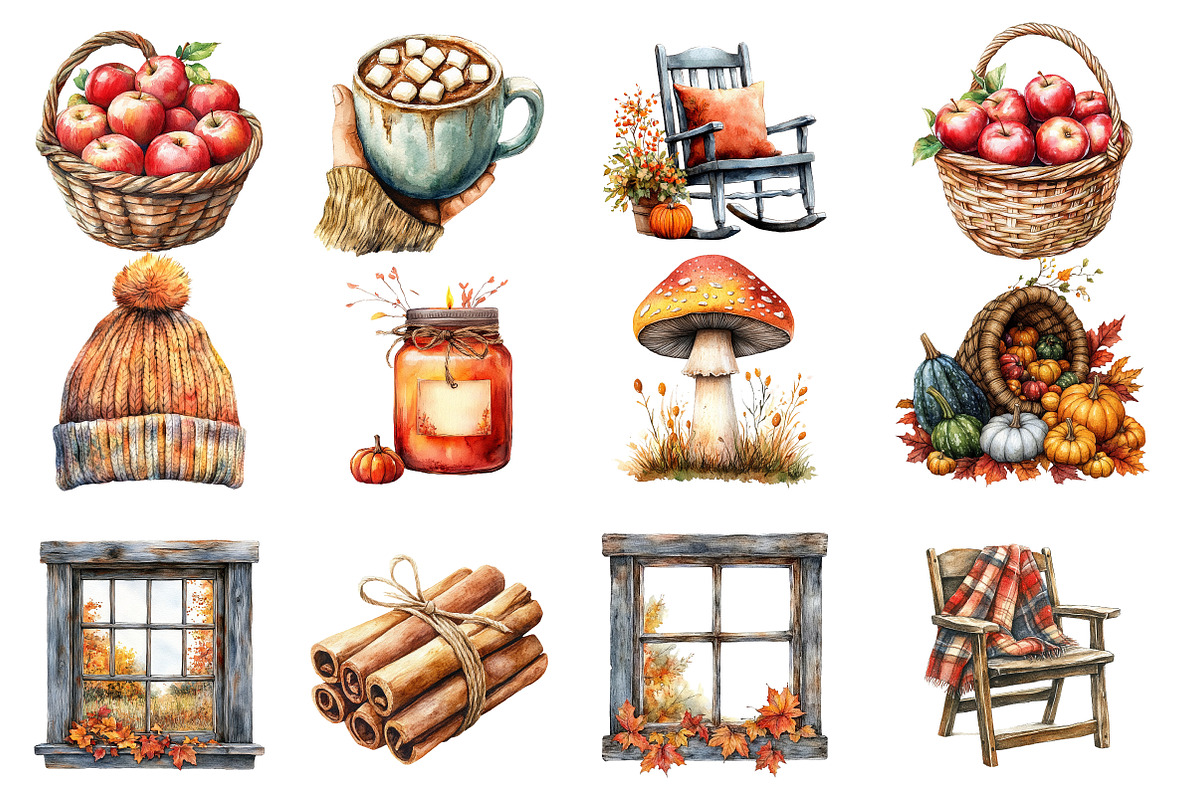 Watercolor Autumn Cozy Clipart, an Illustration by SinaCreation (Photo 2 of 5)