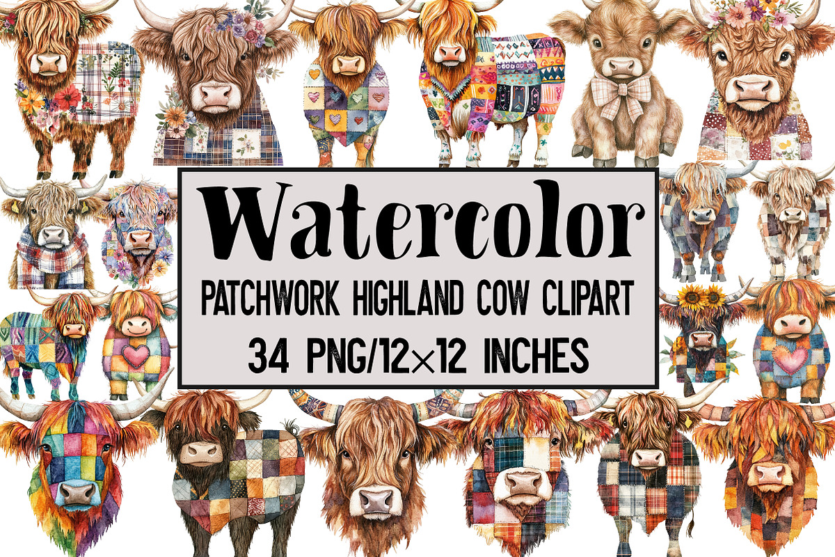 Patchwork Highland Cow Clipart, an Illustration by Design Market (Photo 1 of 3)