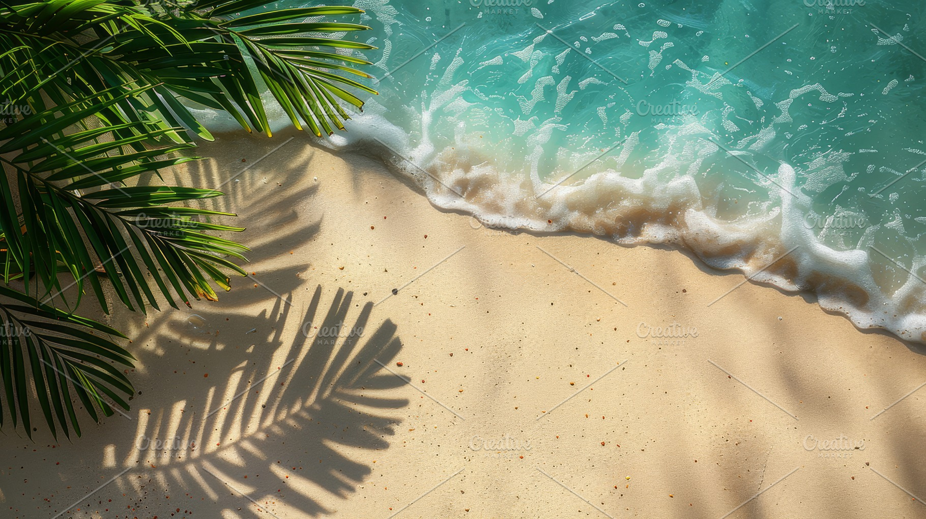 Tropical Beach Scene with Palm Tree Leaf Shadow and Gentle Waves - A Serene Sum, a Photo by AS photostudio