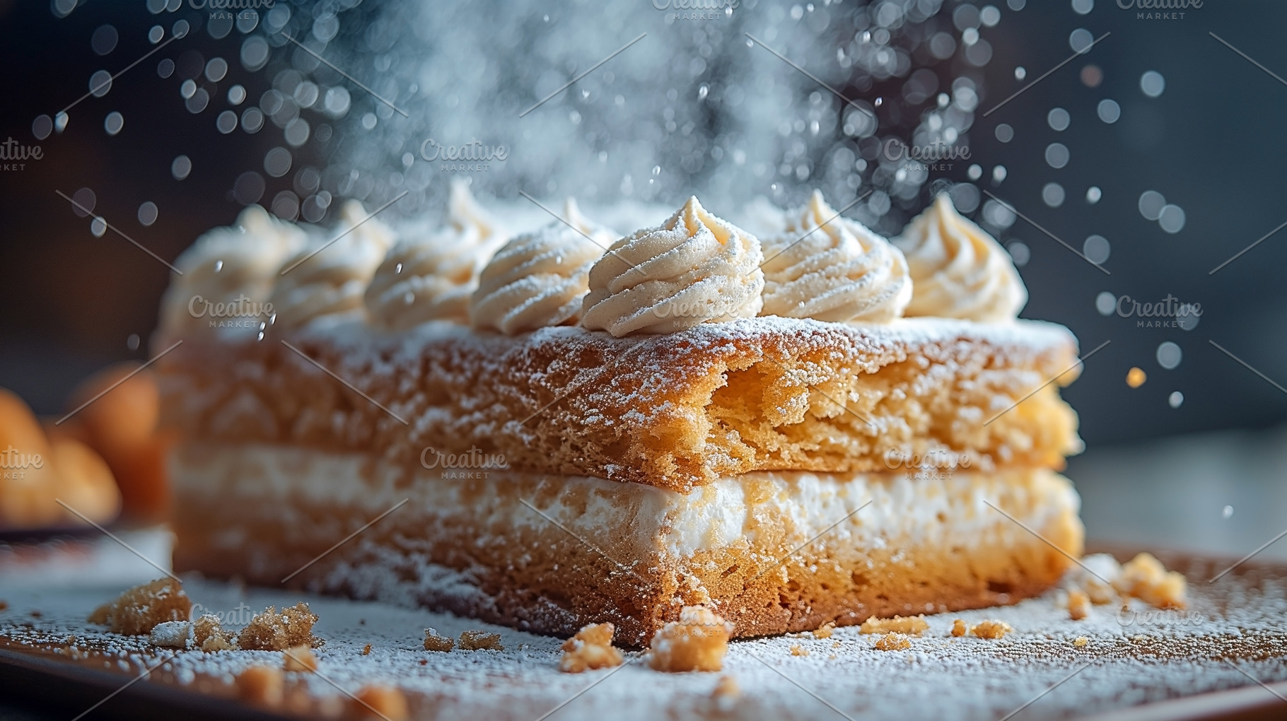 Delicious golden sponge cake layered with cream and topped with, a Food & Drink Photo by ImageMir