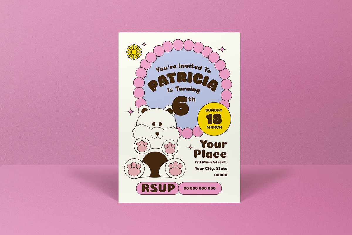 Pink Retro Kids Birthday Invitation, an Invitation Template by graphicook (Photo 2 of 3)