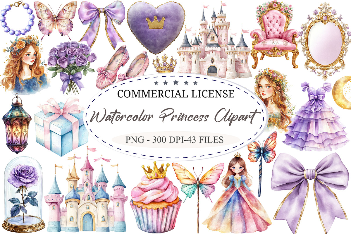 Watercolor Princess Clipart, a Seasonal Illustration by designcity5 (Photo 1 of 5)