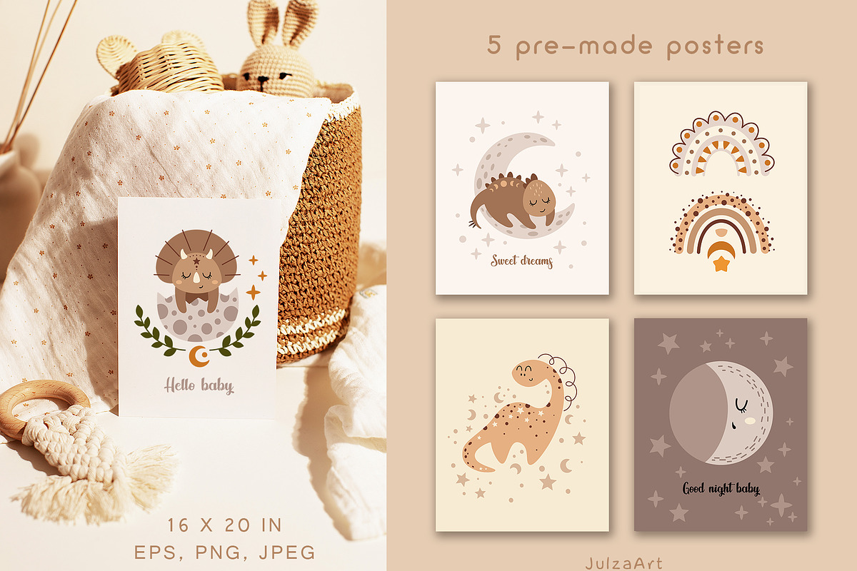 Boho dinosaur clipart & patterns, an Animal Illustration by JulzaArt (Photo 4 of 9)