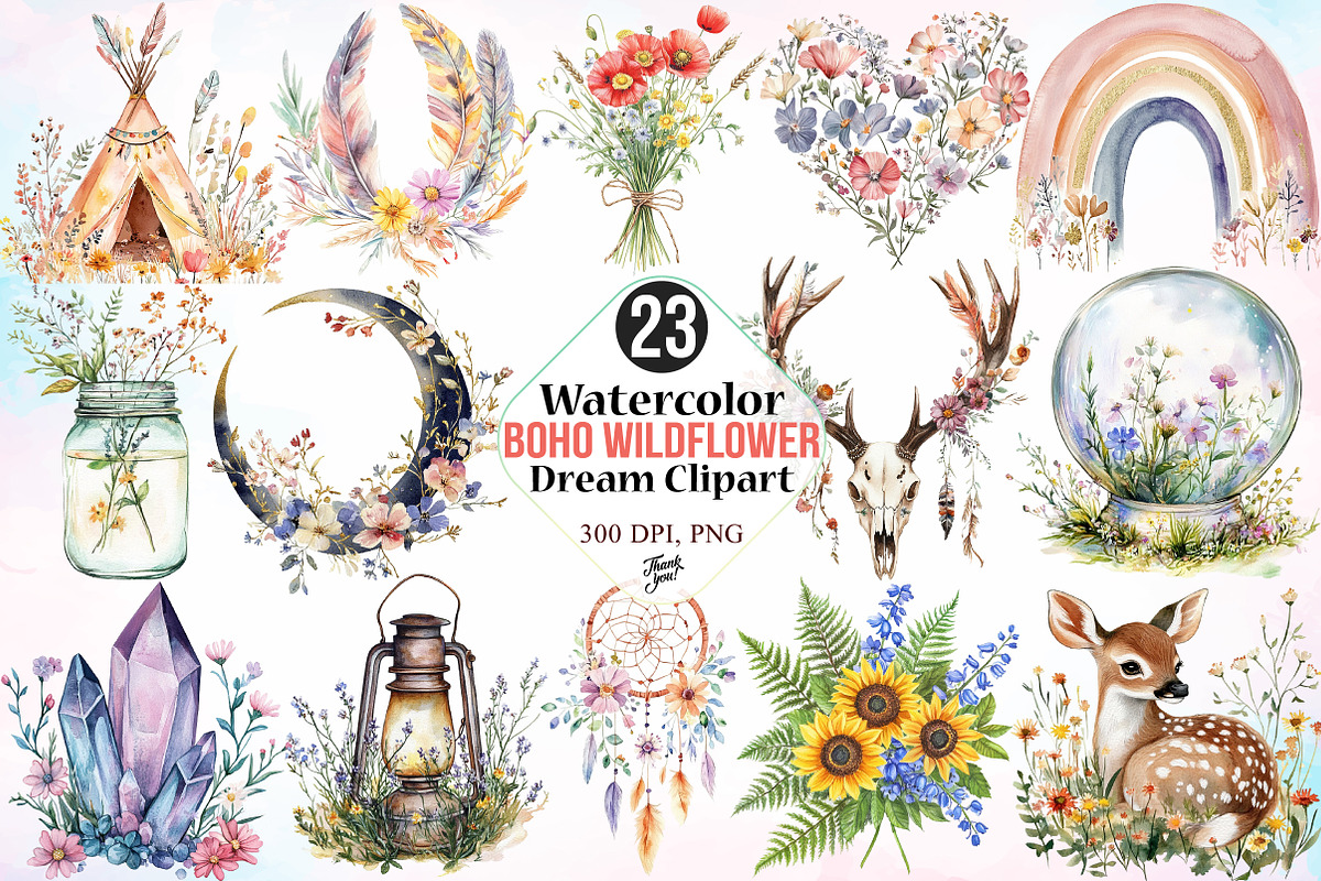Watercolor Boho Wildflower Dream PNG, an Illustration by Canvas Craft (Photo 1 of 3)