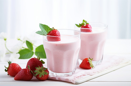 Strawberry milk cocktail in glass with berries on wooden background, a Food & Drink Photo by AlyaAnd