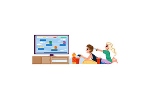 Kids playing video games at home on, an Object Illustration by pikepicture