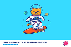 Cute Astronaut Cat Surfing Cartoon