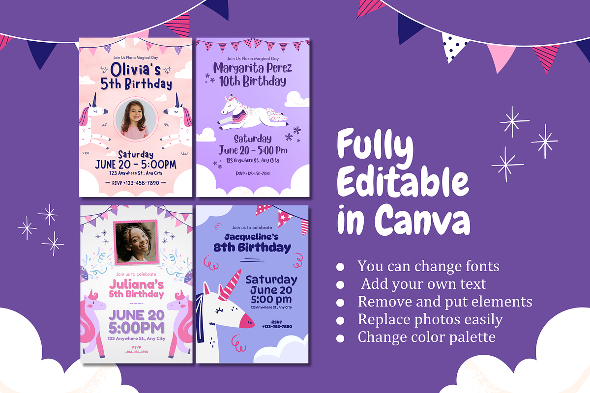 Unicorn Birthday Invitations, a Templates & Theme by TemplateCastleStore (Photo 3 of 9)