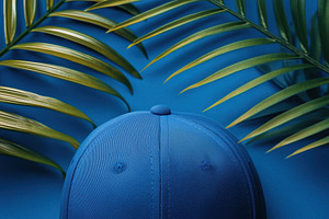 A blue baseball cap mockup placed on a vibrant blue background surrounded by gr, a Hat Mockup by Textures & Backgrounds