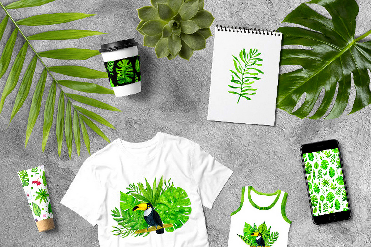 Watercolor tropical leaves, a Background Graphic by MarBom (Photo 6 of 6)