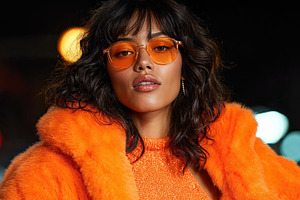 Influencer woman flaunts bold orange fashion at night in the city, a Person Photo by OSORIOartist