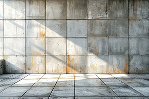 Empty industrial space with stained concrete walls and floor til, a Background Photo by José Manuel Gelpi