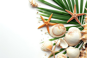 Tropical palm leafs with seashells and starfish on white background, an Animal Photo by AlyaAnd