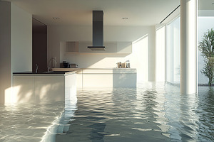 Flooded modern kitchen interior with realistic water effect duri, a Photo by AlyaAnd
