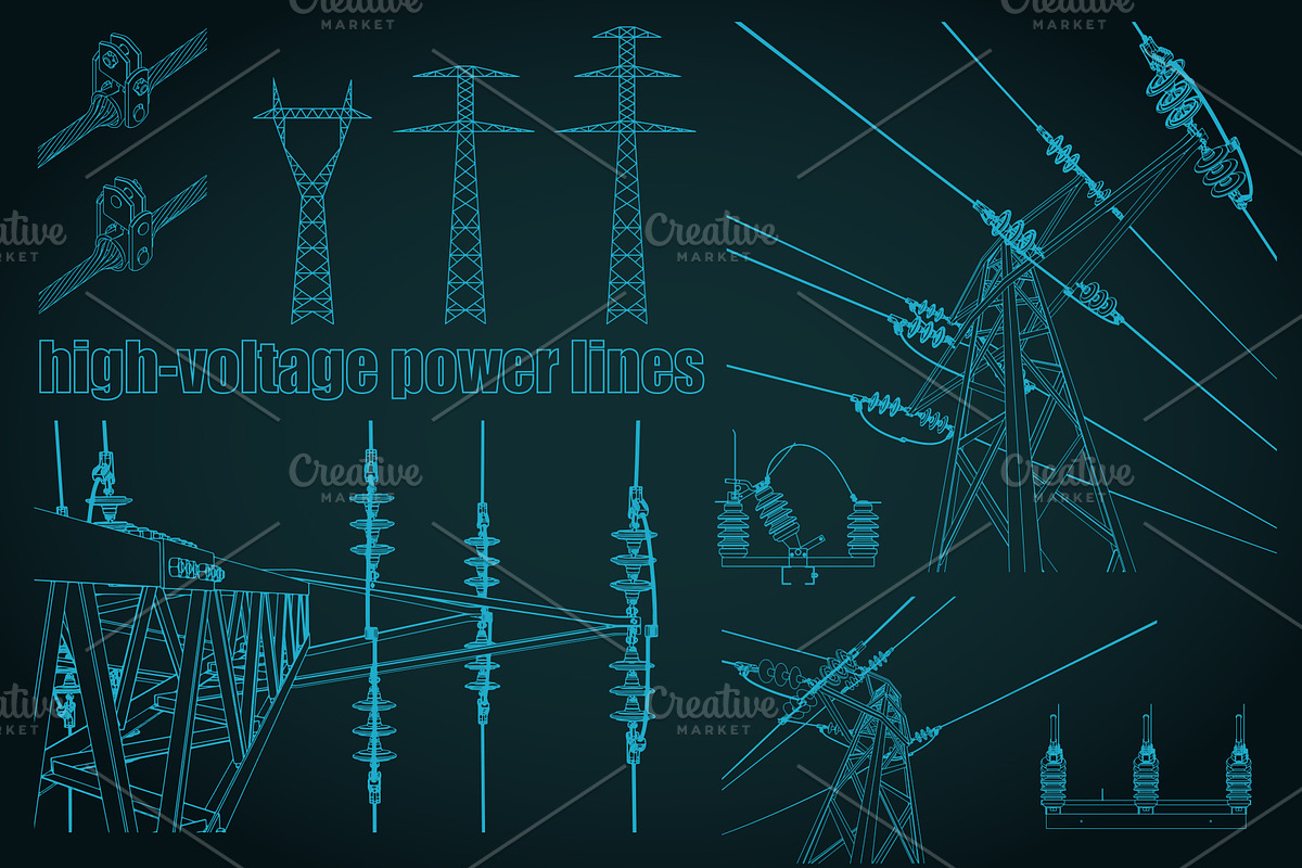 High voltage electrical lines Set, a Technology Illustration by Blacklight