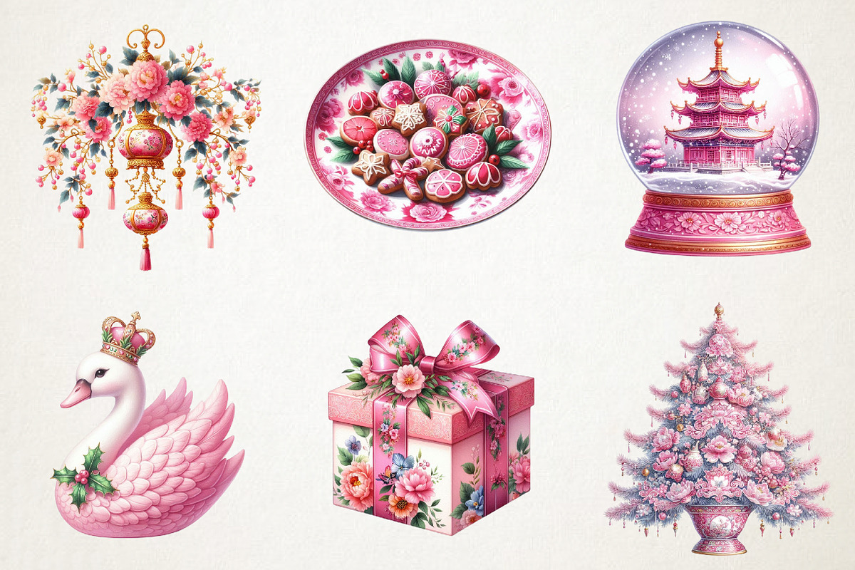 Pink Chinoiseries Christmas Clipart, an Illustration by RobertsArt (Photo 4 of 7)