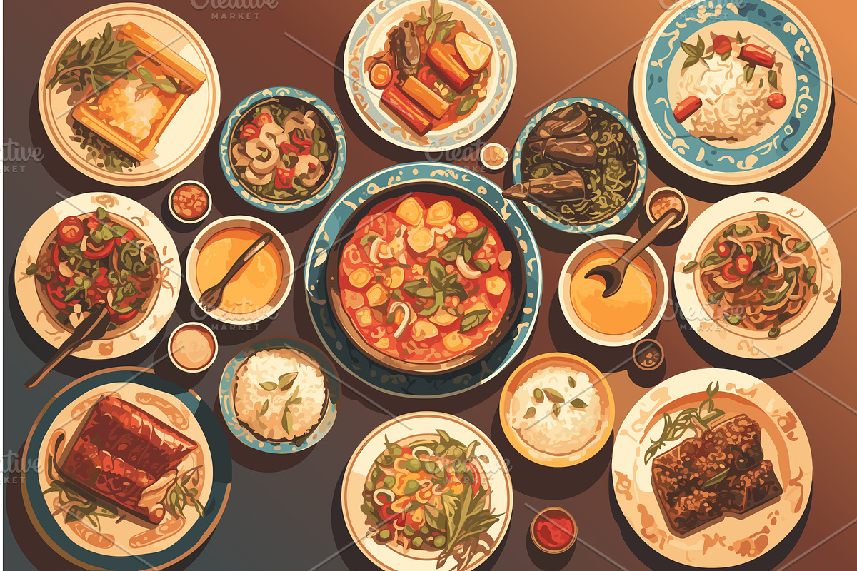 Cartoon table with a set of, a Food Illustration by LadadikArt