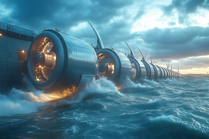 A futuristic ocean energy generation facility with large turbines partially sub, a Technology Illustration by Textures & Backgrounds
