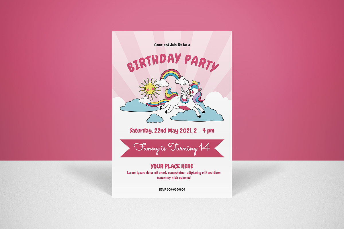 Pink Unicorn Birthday Invitation, an Invitation Template by graphicook (Photo 1 of 3)
