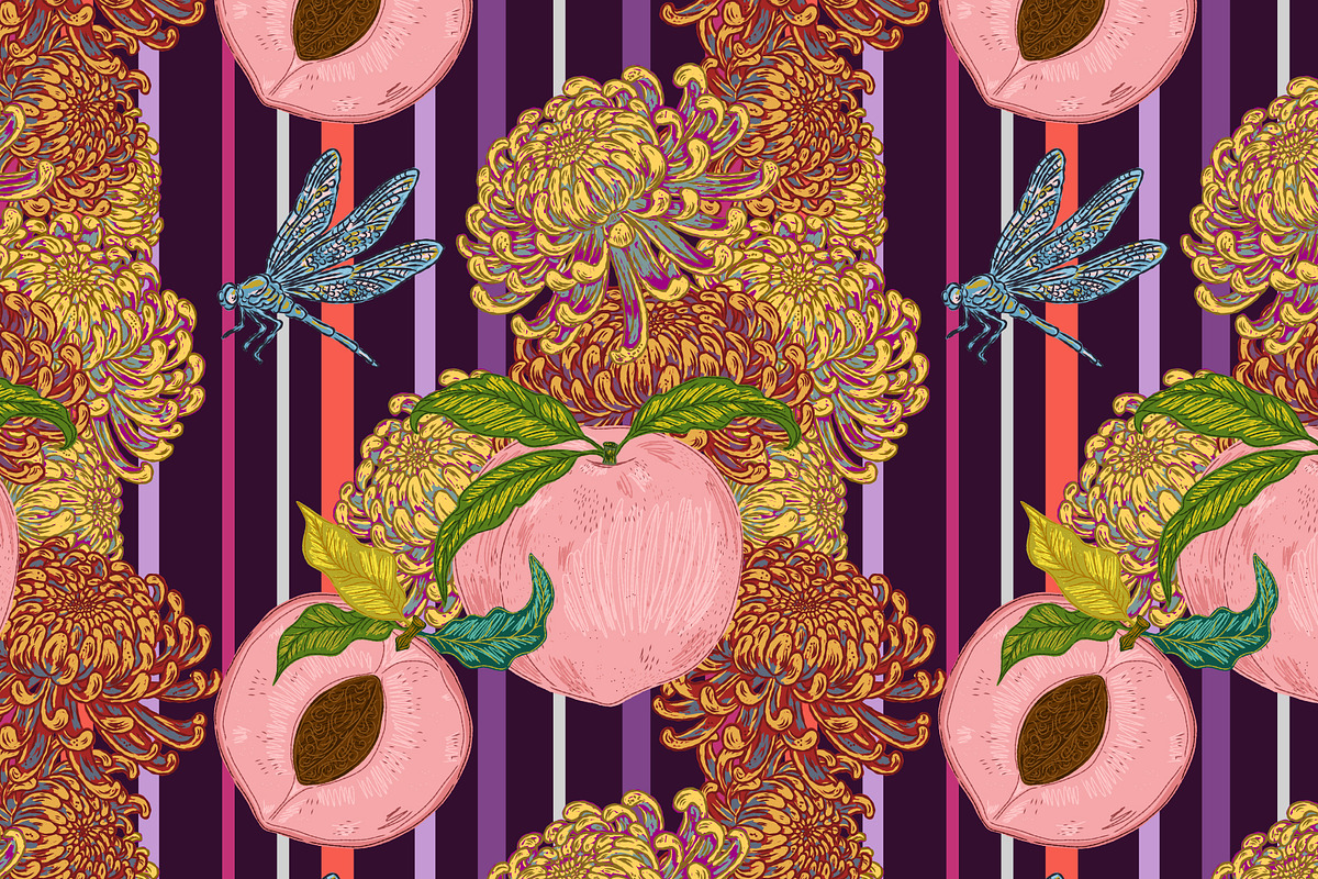 Peach, Chrysanthemum and Dragonfly, a Pattern Graphic by NayaChu (Photo 6 of 9)