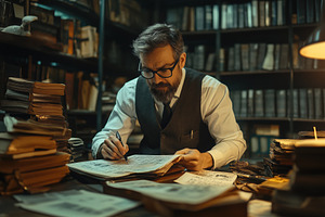 A scholarly accountant man with glasses sits at a cluttered desk filled with bo, a Person Photo by Textures & Backgrounds