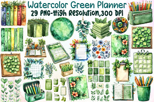 Watercolor Green Planner Clipart, an Illustration by Sublimation Artist