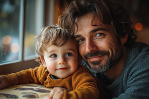 Father and son share a warm moment t, a Photo by Tanuart