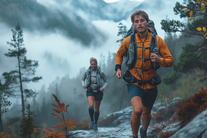 A young Caucasian male and female hiking energetically through a foggy mountain, a Person Photo by ImageMir