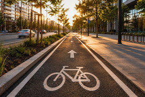 Bicycle path in city during sunset, a Photo by Beautiful things